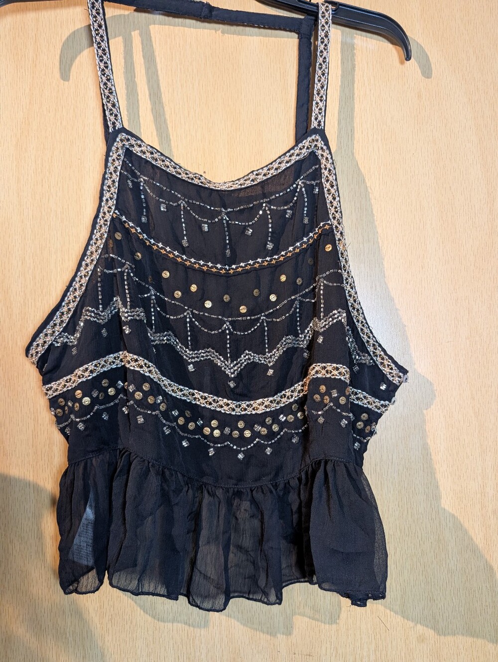 Free People Beaded Black Peplum Tank Top